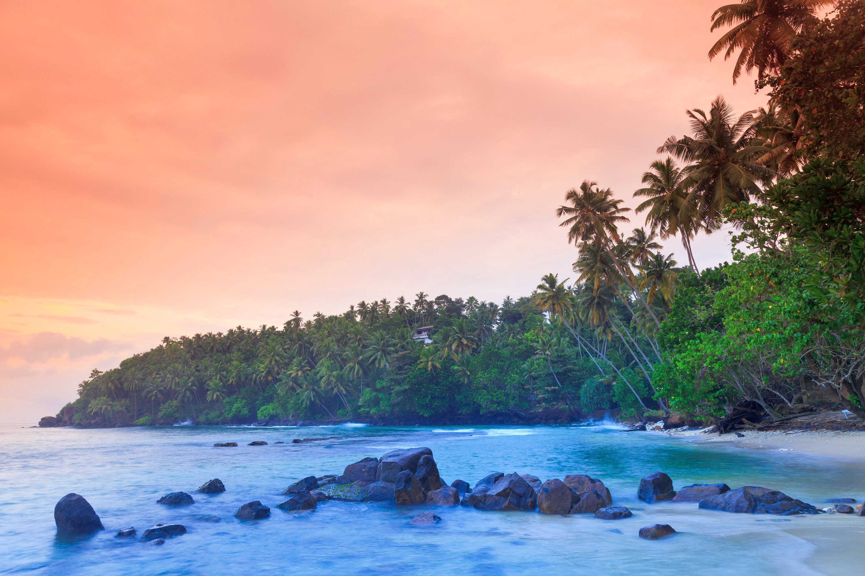 Mirissa sunset over rocky beach with coconut palms